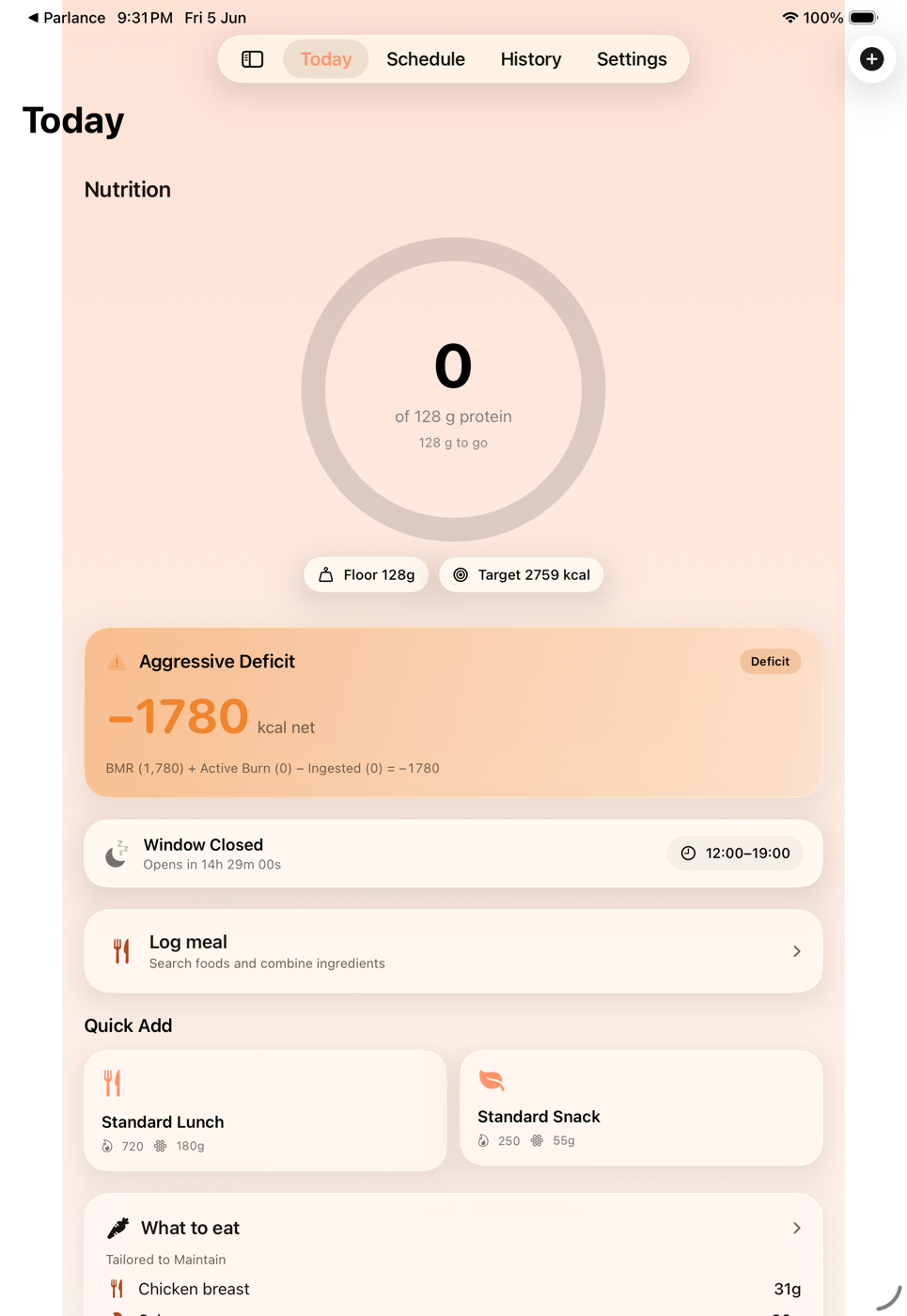 Today, wide — trends, schedule and logging sharing one coherent surface.