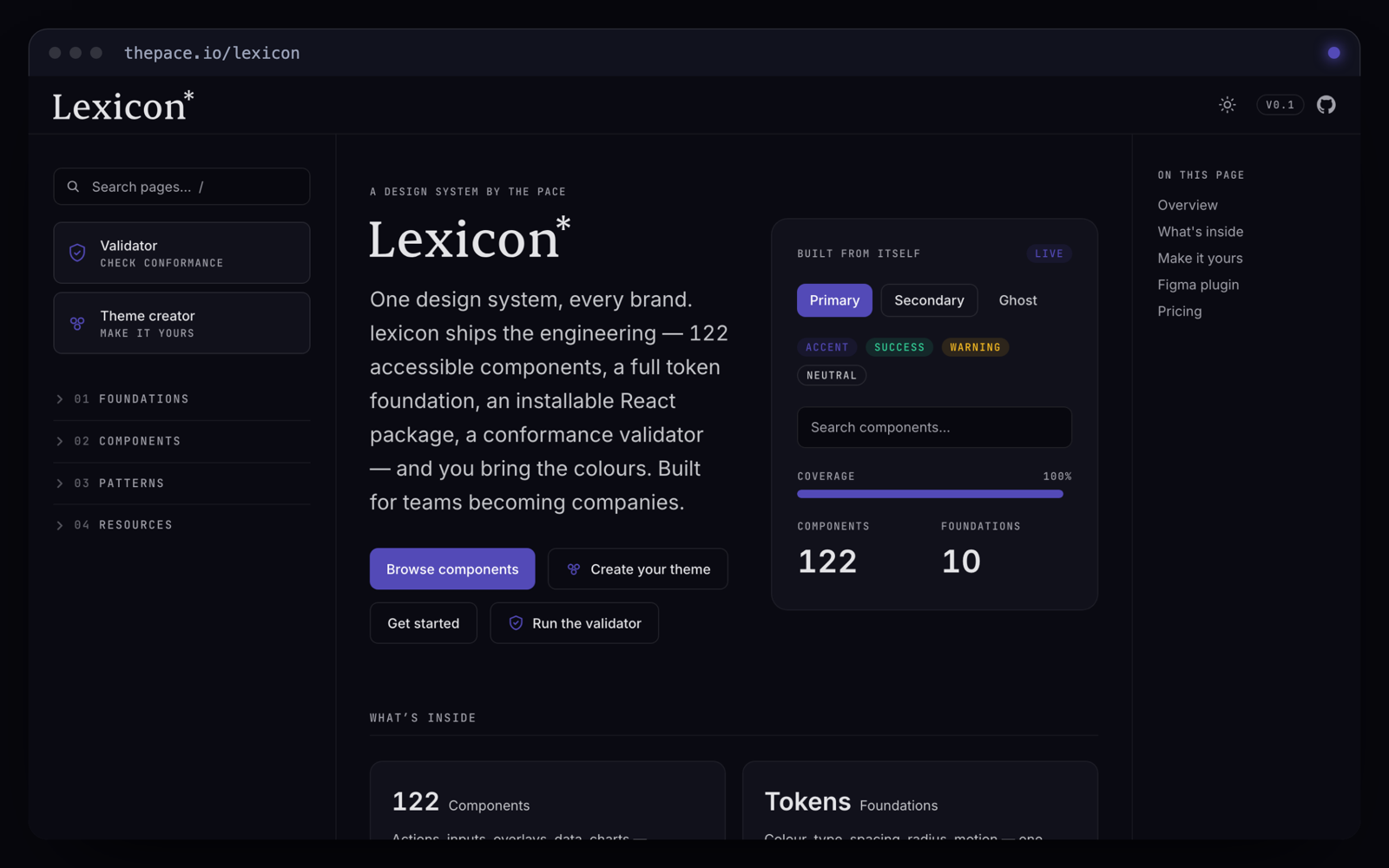The docs for the token architecture, React library, Tailwind preset, Figma plugin and CLI — pre-v1 and honest about it, with exports still gated behind a coming-soon flag.