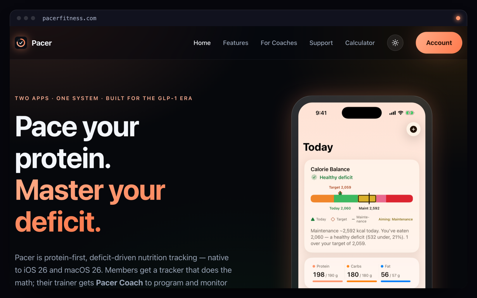 The pacer marketing site — the one surface that breaks the indigo family to a coral matched by hand to the iOS app's own accent colour, on the same data-theme light/dark discipline.
