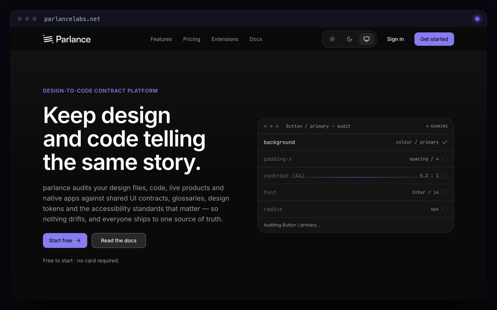 The design-to-code contract platform, in OKLCH violet at hue 285, with class-based light and dark via next-themes. It is also the engine built to audit the rest of the estate against WCAG 2.2, WAI-ARIA, Section 508 and EN 301 549.